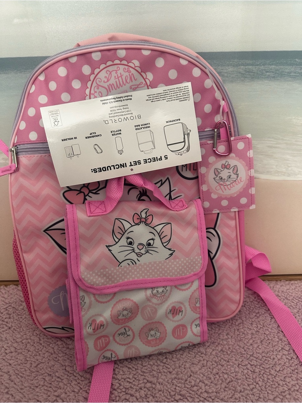 Disney Pink Polka Dot Marie Cat Kids Backpack and Lunch Bag 5 pc set